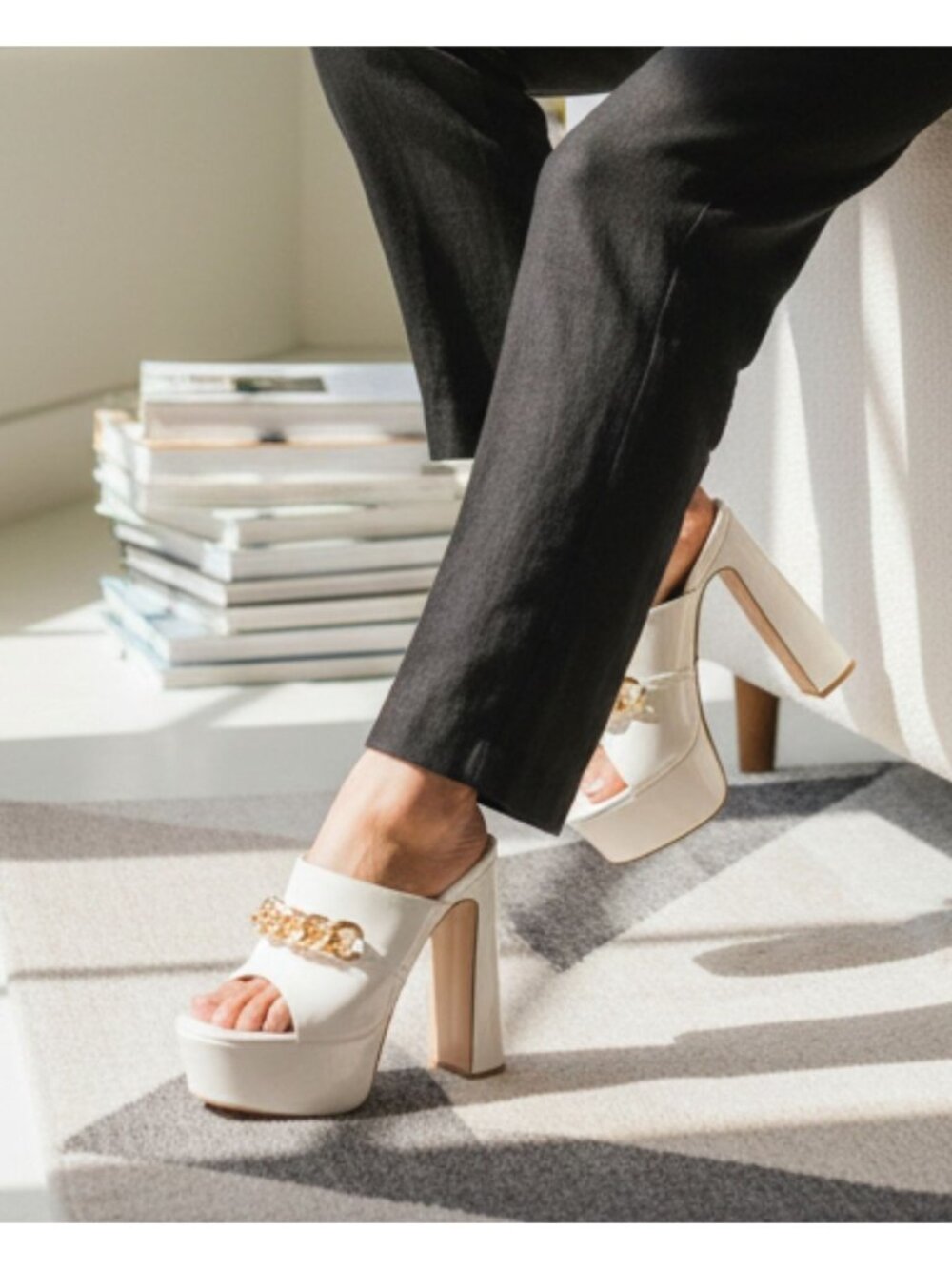 White Platform Heels With Gold Chain Detail Open Toe Patent Finish & Chunky Bloc
